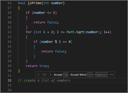צילום מסך של עורך Visual Studio Code שמציג הצעה לטקסט רפאים ומשלימה תגובה ל'// יצירת רשימת מספרים'.