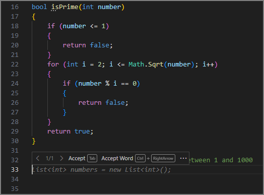 צילום מסך של עורך Visual Studio Code שמציג הצעה לטקסט רפאים עבור שורת הקוד הראשונה בהתבסס על התגובה שמעליה.