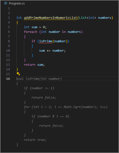 צילום מסך של עורך Visual Studio Code המציג הצעה לטקסט רפאים עבור שיטת העזר isPrime שמופיעה לאחר שיטת addPrimeNumbersInNumericList.