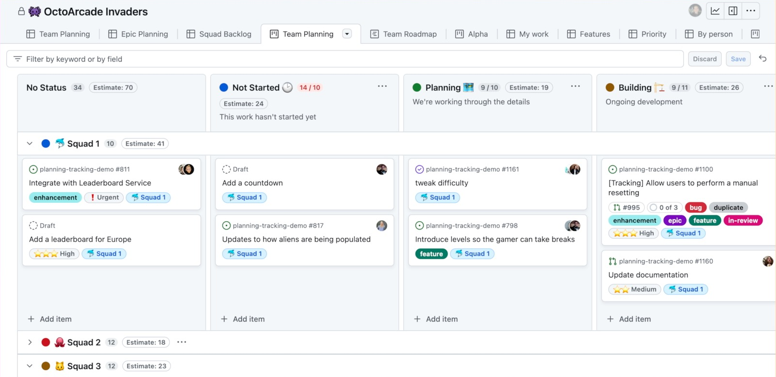 מסך של לוח הפרוייקטים של GitHub.