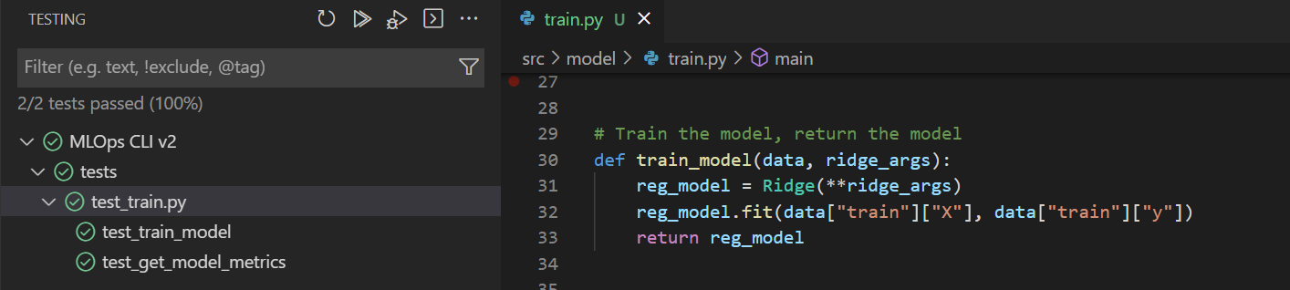 צילום מסך של תוצאות בדיקת יחידה מוצלחות ב- Visual Studio Code.