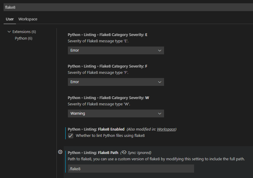 צילום מסך של קביעת התצורה של Flake8 ב- Visual Studio Code.