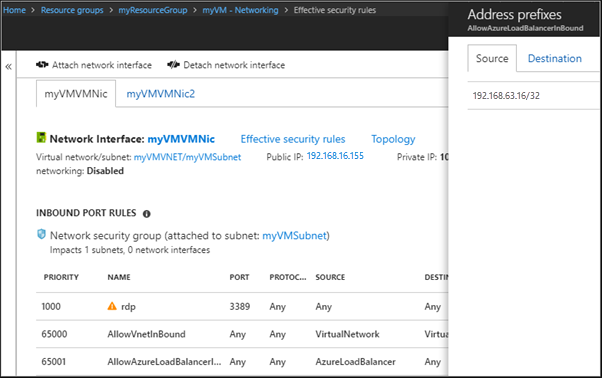 צילום מסך המציג קידומות עבור תג השירות AzureLoadBalancer.