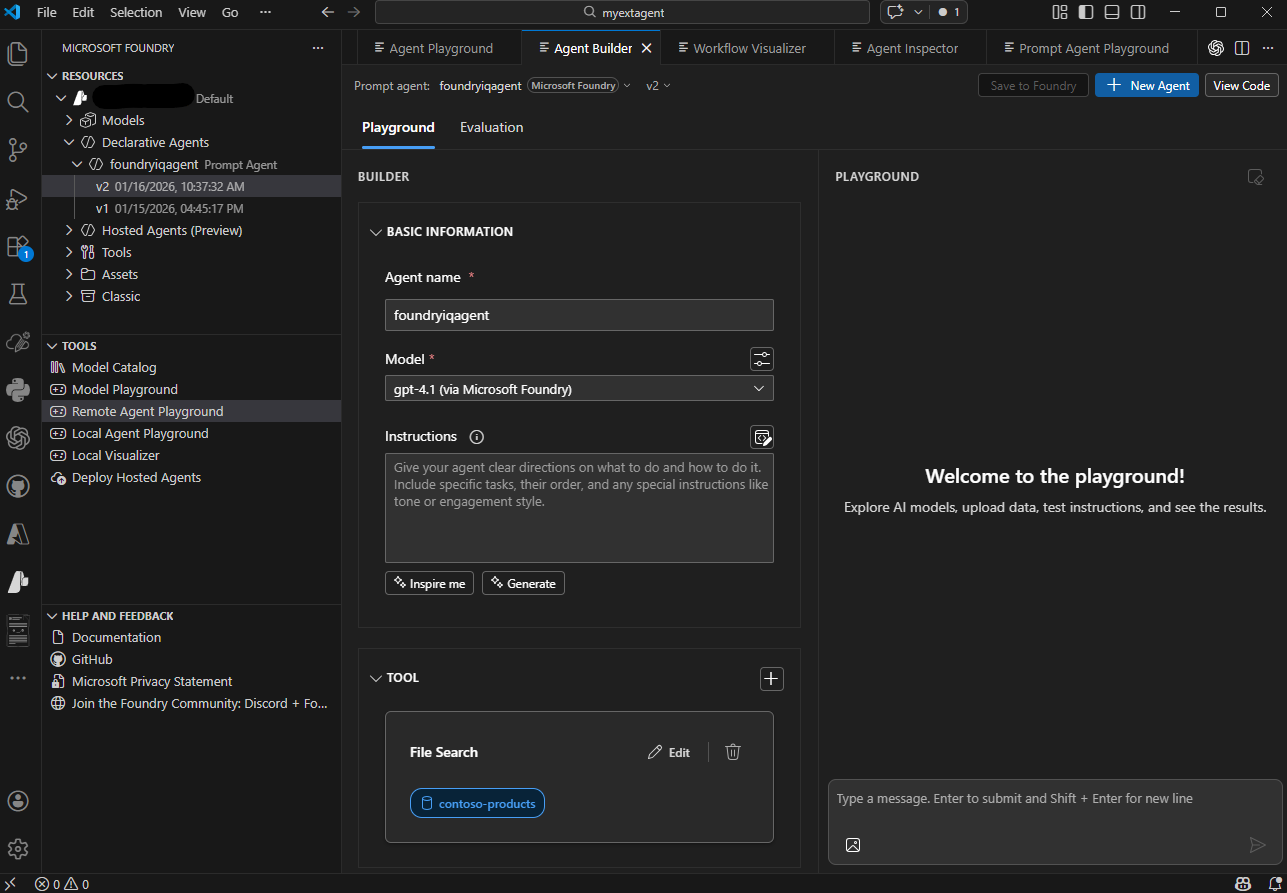צילום מסך של ממשק ההרחבה Microsoft Foundry VS Code המציג את חלקי המשאבים, הכלים, העזרה והמשוב.