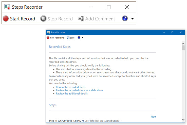Screenshot of the Steps Recorder app.