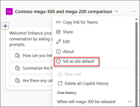 Screenshot showing the Set as site default drop-down menu option for an agent in SharePoint.