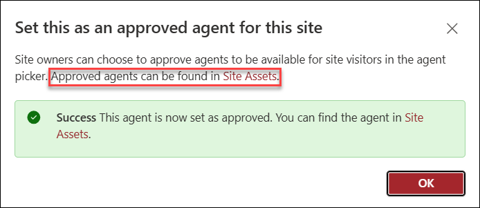 Screenshot showing the dialog box titled Set this as an approved agent for this site.