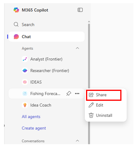 Screenshot of the navigation pane on the Microsoft 365 Copilot home page showing the Share option highlighted for an agent.