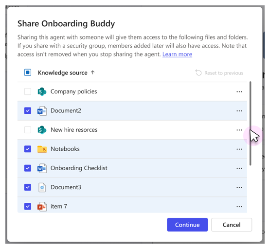 Screenshot showing a list of knowledge source files and folders that can be shared.