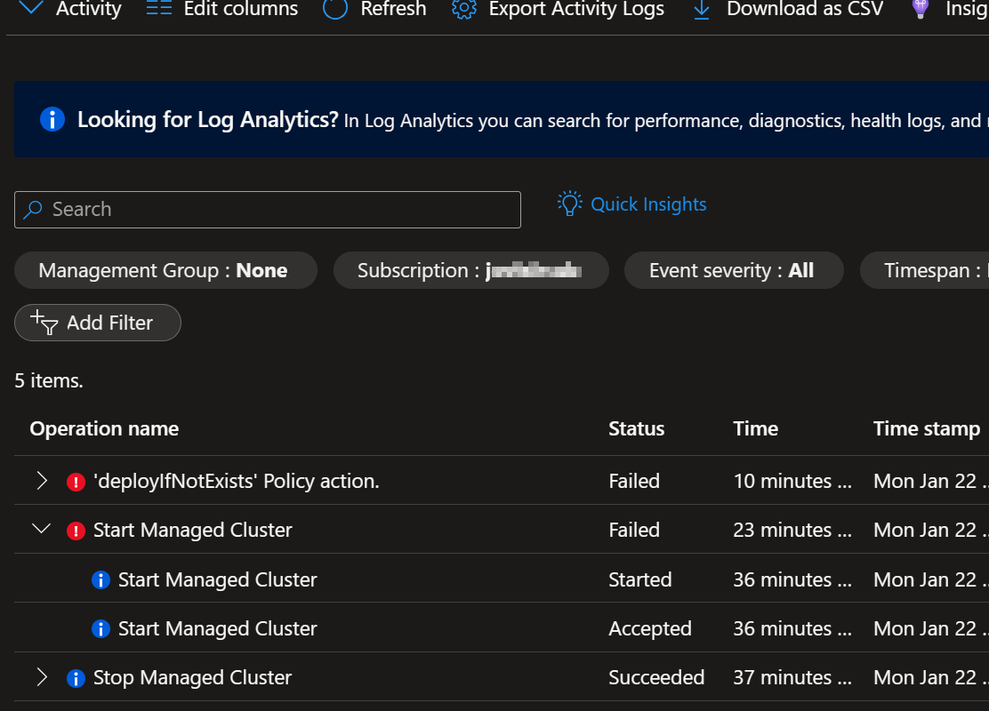 Screenshot of an AKS cluster activity log blade showing a failed start operation.