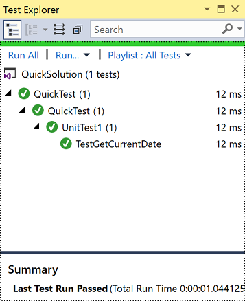 Screenshot of the Test Explorer in Visual Studio showing that the TestGetCurrentDate test passed.