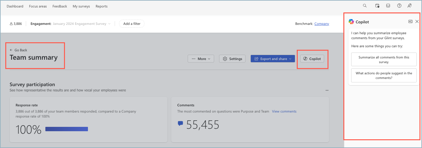 Screenshot of the Copilot button on the Manager Team Summary dashboard.