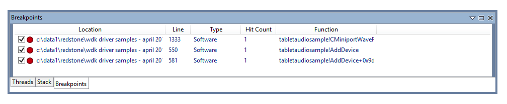 Screenshot of the Breakpoints window in WinDbg showing current breakpoints.