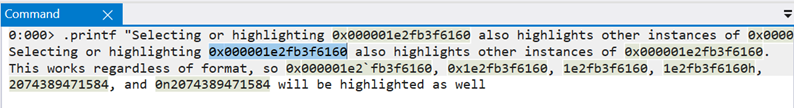 Screenshot of WinDbg **Command** window with multiple number formats highlighted.