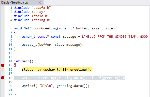 Screenshot of the Source code window in WinDbg with syntax highlighting.