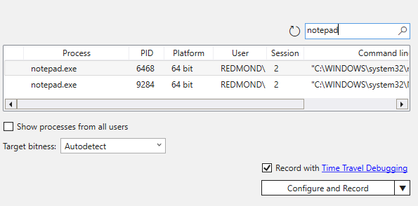 Screenshot of the Process record dialog in WinDbg with a Notepad process selected for recording.