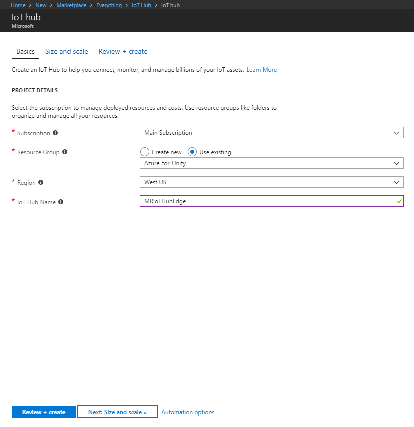 Screenshot that shows the I O T hub Basics page. Next Size and scale is circled in red at the bottom of the page.