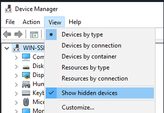 Screenshot of Device Manager show hidden devices menu