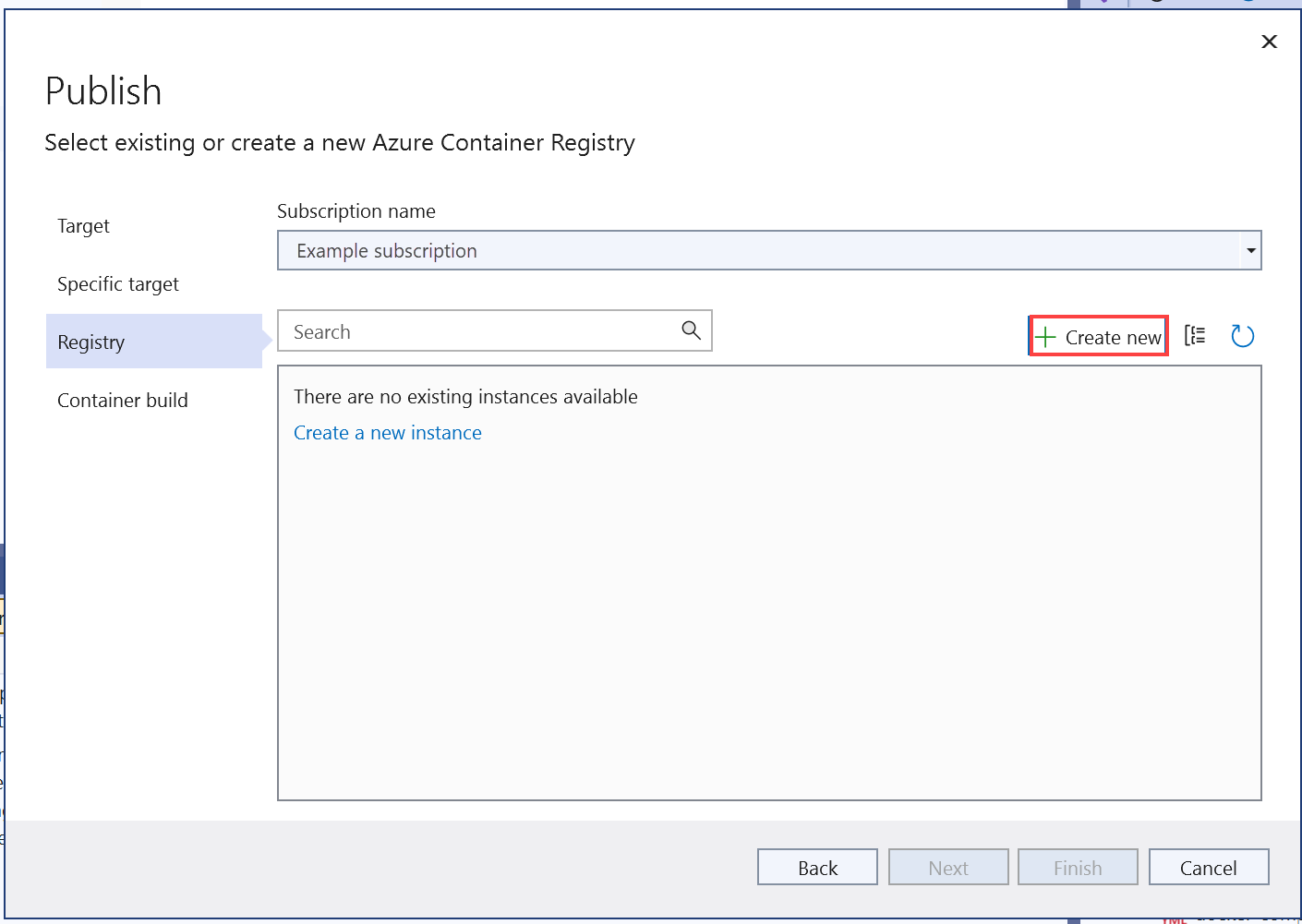 Screenshot that shows the Publish window. The Create new button is highlighted.