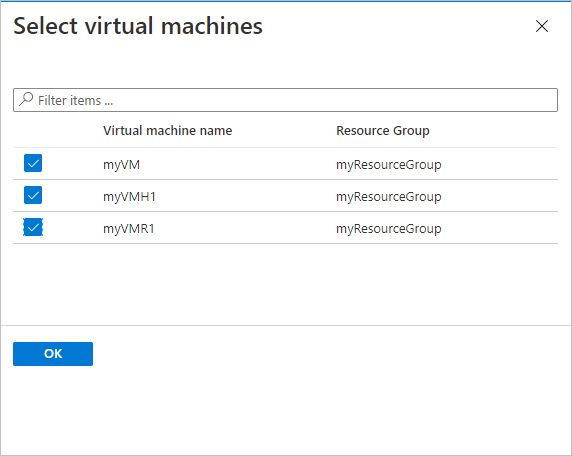Screenshot that shows the pane for selecting virtual machines.