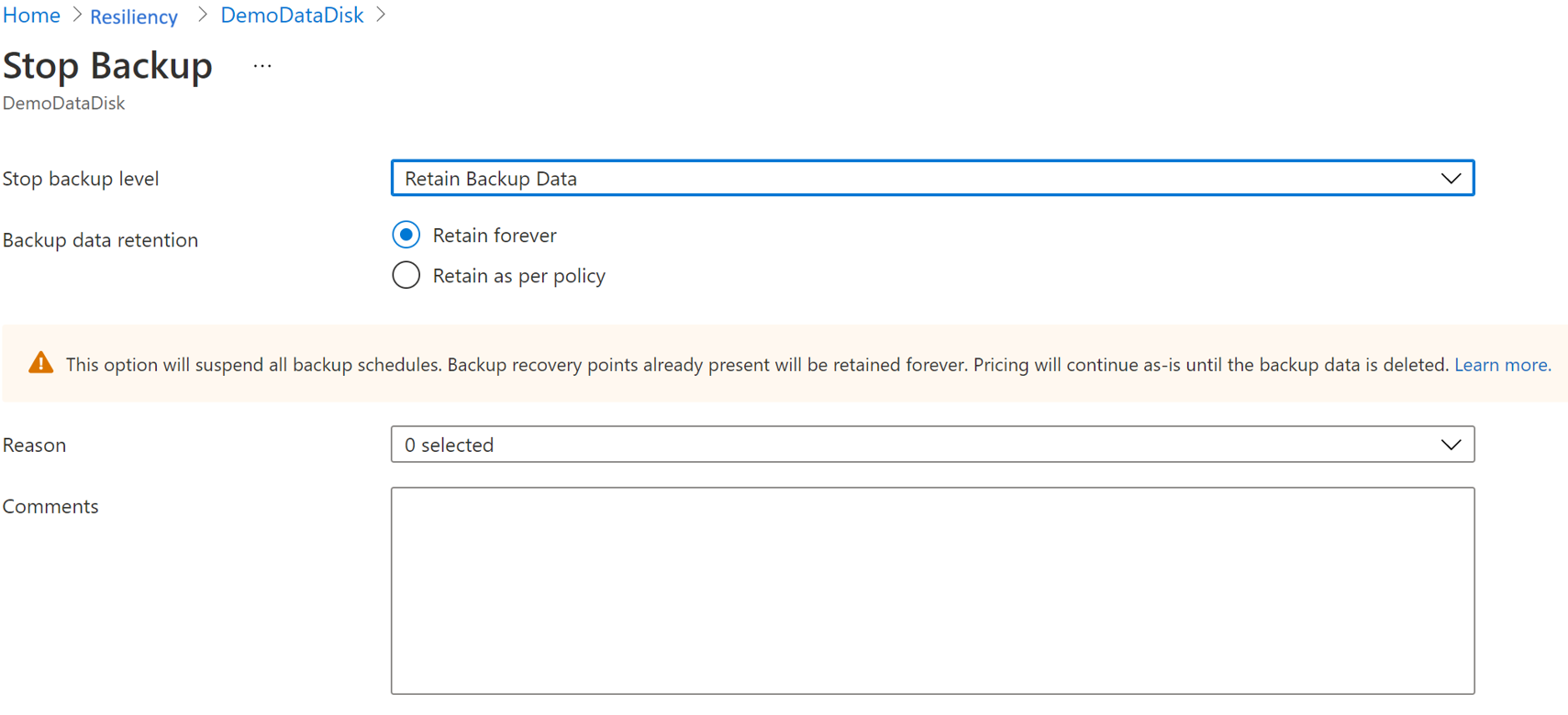 Screenshot showing the options to stop backup instance protection.