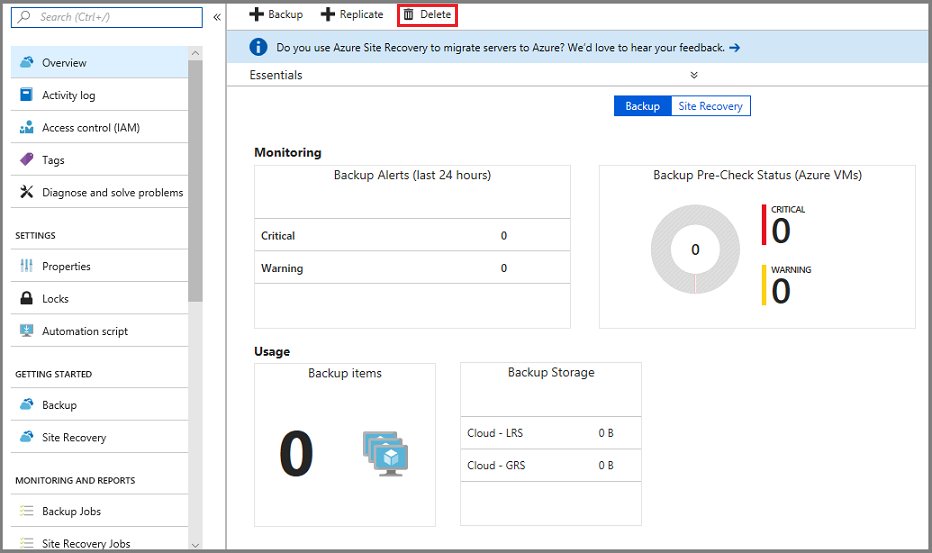 Screenshot that shows the Delete button in an empty vault.