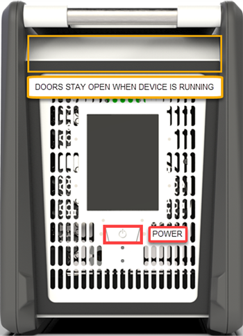 Screenshot showing the location of the Data Box power button, illustrating that the door will remain open while the device is operating.