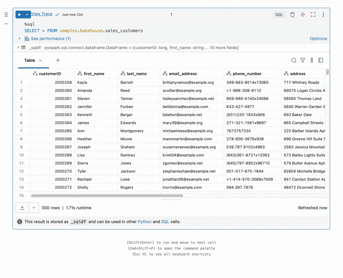 Animated GIF shows Genie Code filtering a table of bakehouse customers for males in the USA.