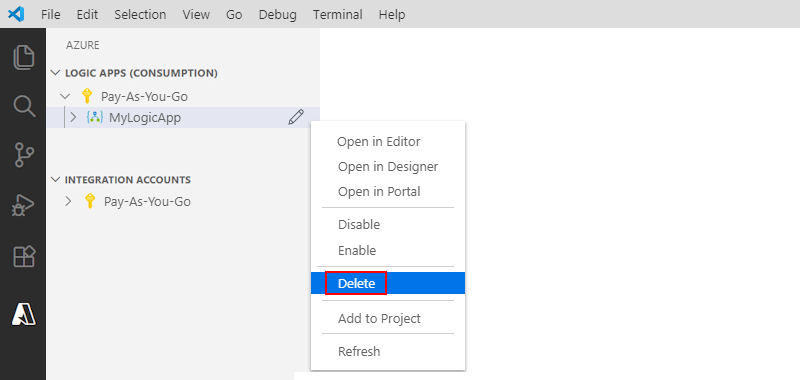 Screenshot that shows Visual Studio Code and how to delete a logic app resource.