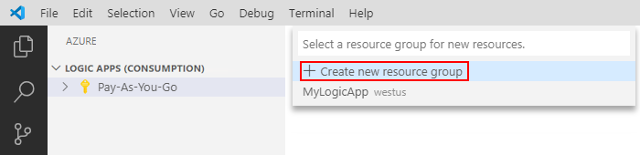 Screenshot that shows resource group list with Create new resource group selected.