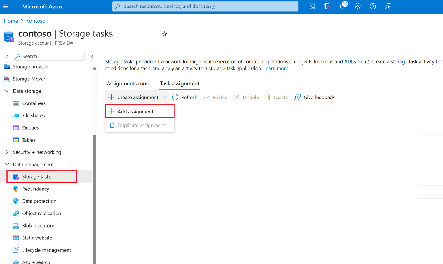 Screenshot of the Assignments page that appears in the context of a storage account.