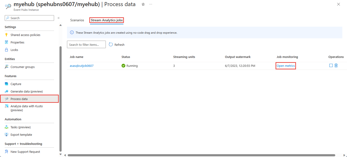Screenshot of the Stream Analytics jobs tab where you view the running jobs status.