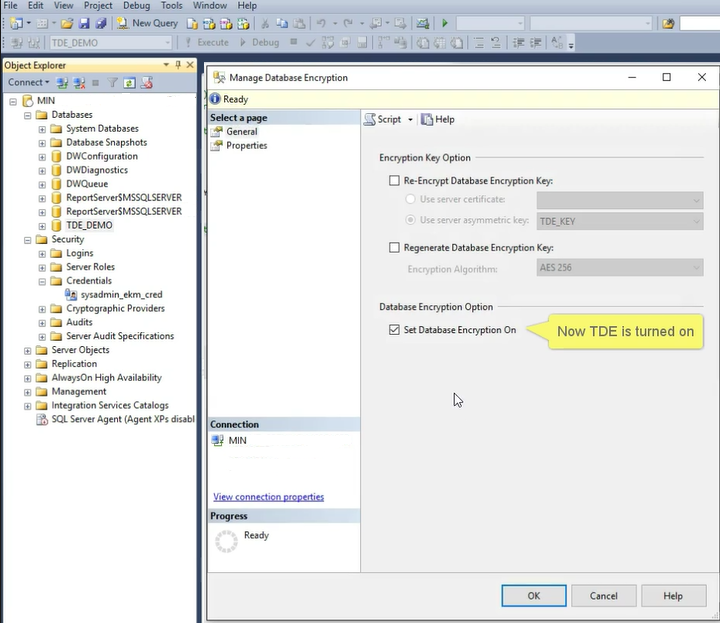 ekm-tde-dialog-box Screenshot of the Manage Database Encryption dialog box with the Set Database Encryption On option selected and a yellow banner that says Now TDE is turned on.