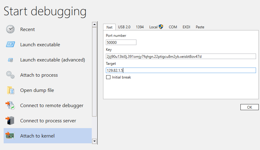 Screenshot of the Start debugging pane with the Attach to kernel menu showing the Net tab.