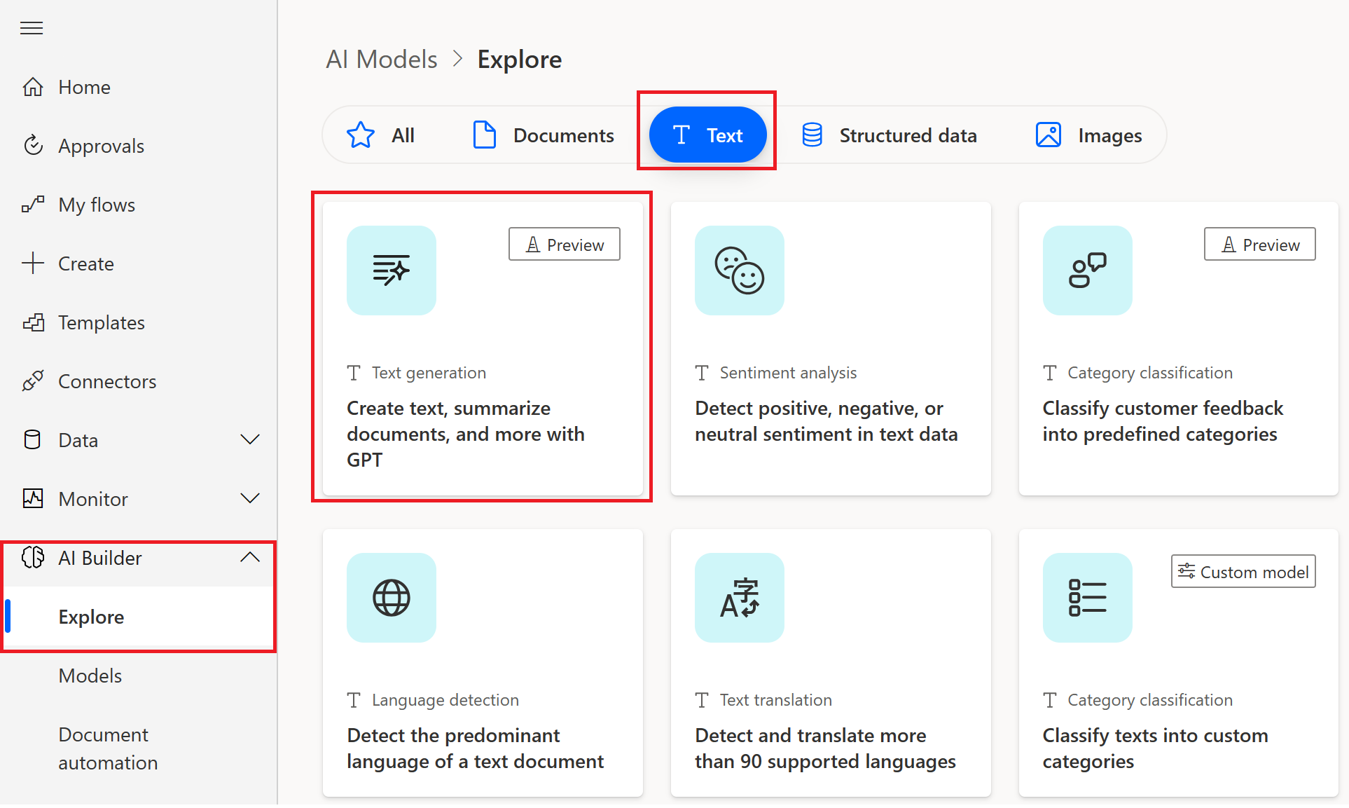  AI Builder एक्सप्लोर पेज पर टेक्स्ट जनरेशन क्षमता का स्क्रीनशॉट.