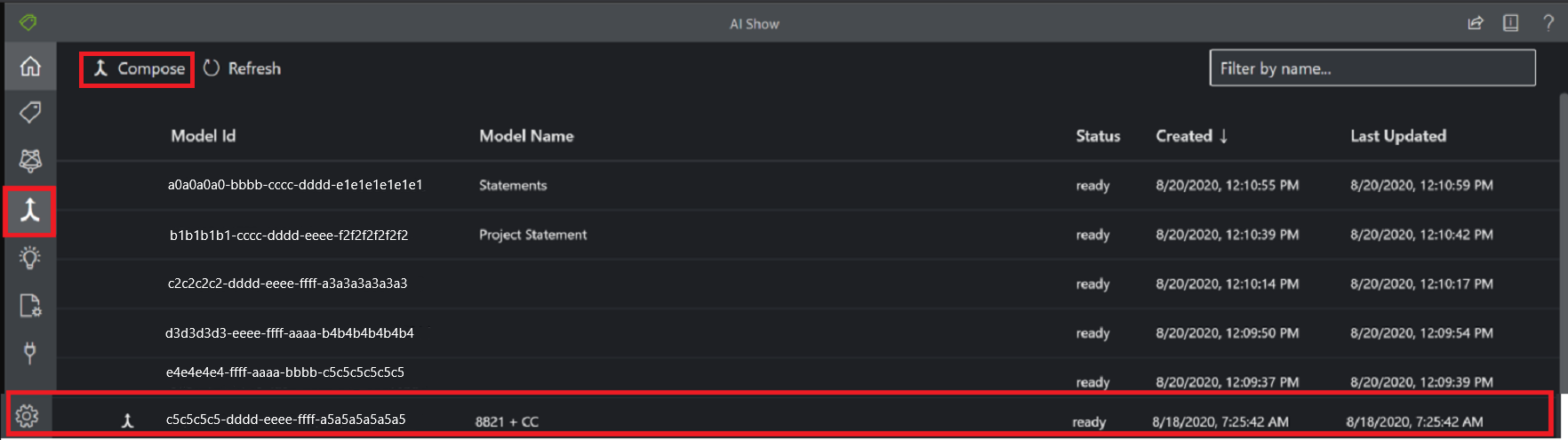 Screenshot that shows the Document Intelligence Studio Compose custom model pane.