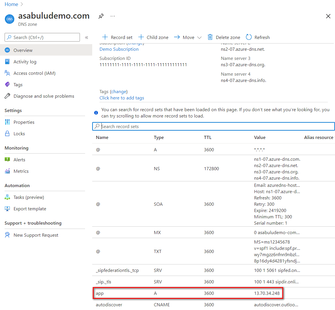 Screenshot of adding a record set to map the app domain name to the public IP address of the application gateway.