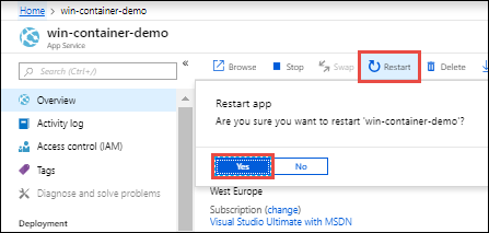 Screenshot of the App Service Overview with the Restart button highlighted.