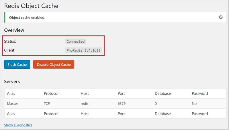 WordPress connects to the Redis server. The connection status appears on the same page.