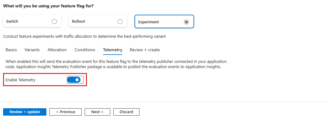 Screenshot of the Azure portal, enabling telemetry.