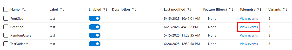 Screenshot of the Azure portal, view events from feature manager.