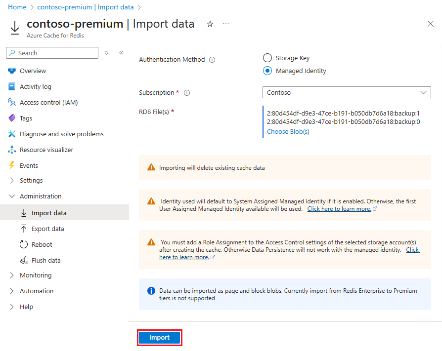 Screenshot showing the Import button to select to begin the import.