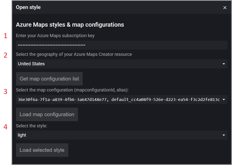 A screenshot of the Open Style dialog box in the visual style editor, with each edit field numbered, each number correlates to the numbers in the following table.