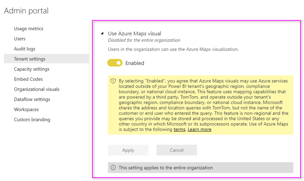 Power BI admin portal showing tenant settings for the Azure Maps visual.