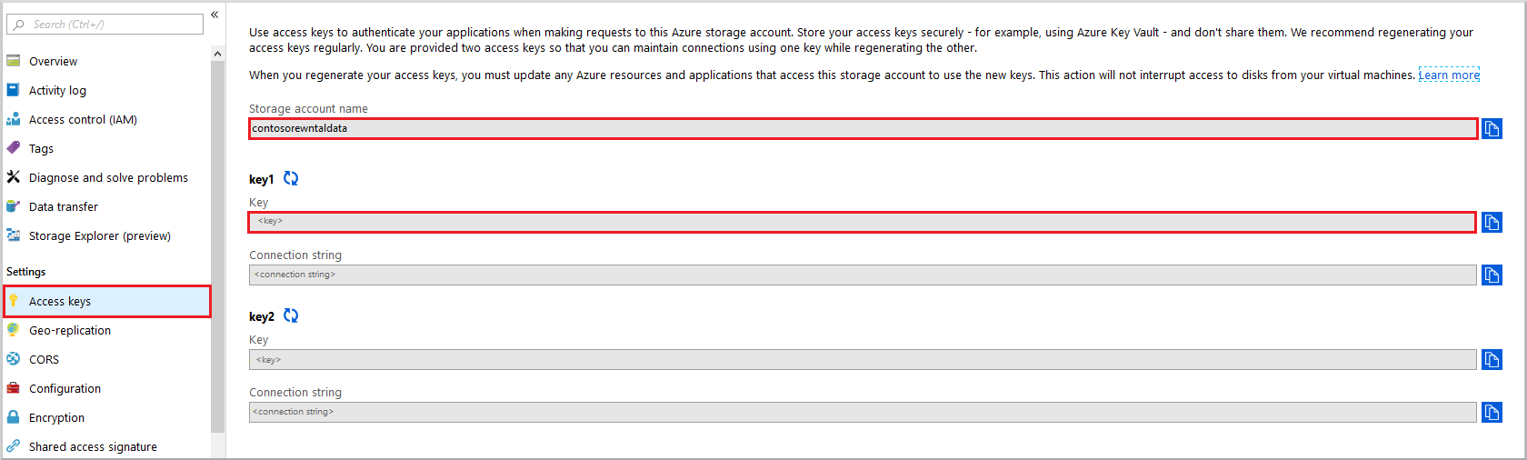 Screenshot of copy storage account name and key.