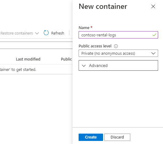 Screenshot of create a blob container.