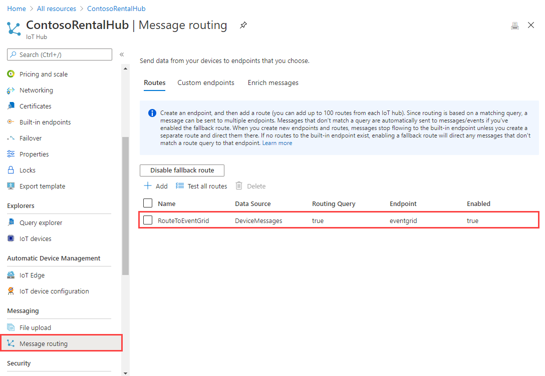 Screenshot of message routing in IoT hub.