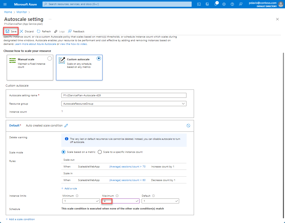 Screenshot that shows the Autoscale setting page where you set up instance limits.