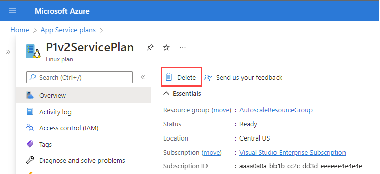 Screenshot that shows the App Service plans page where you can delete the App Service plan.