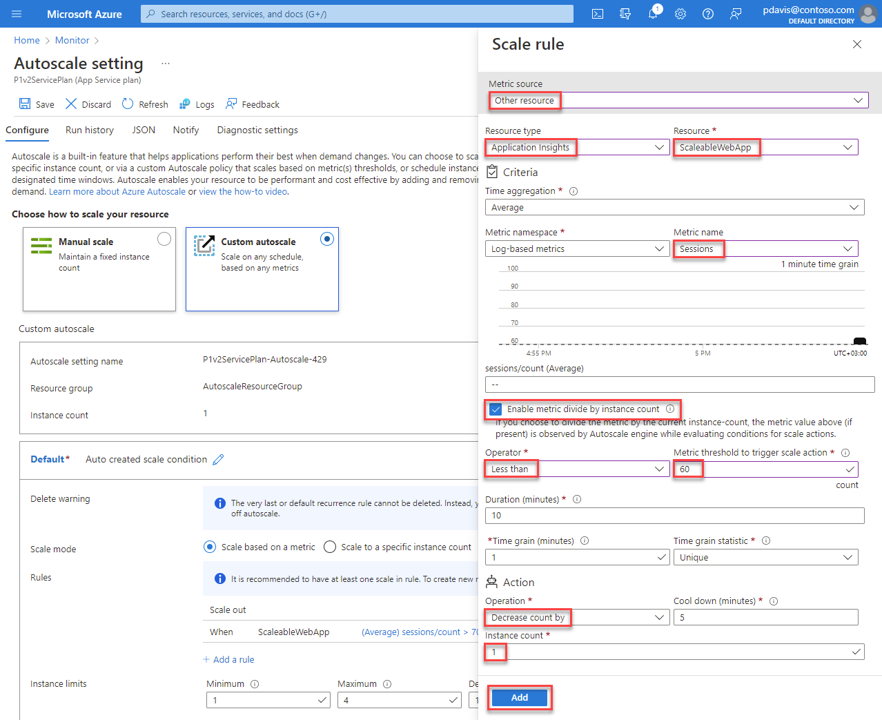 Screenshot that shows the Scale rule page where you configure the scale-in rule.